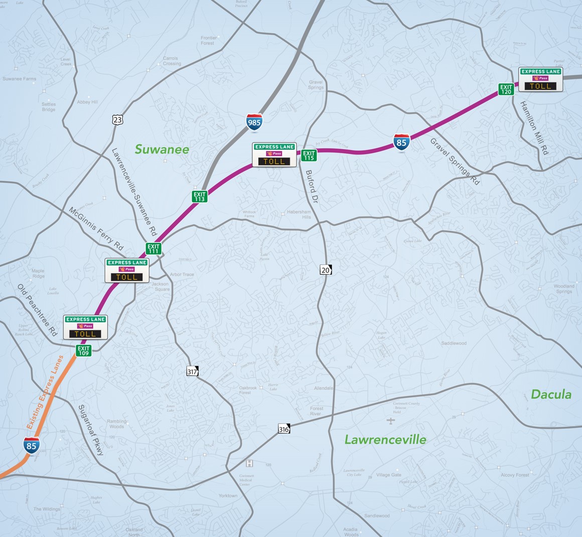 I-85 Extension Map with Toll rates